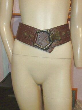 Chico's Tooled Leather Belt Size L Conchos Statement Buckle Wide Western Boho